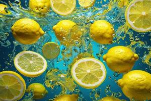 limones y sus rebanadas que cae dentro agua y salpicando generativo ai foto