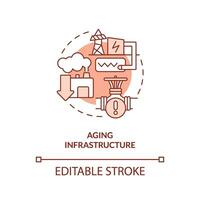 Editable aging infrastructure linear concept, isolated vector, red thin line icon representing carbon border adjustment. vector