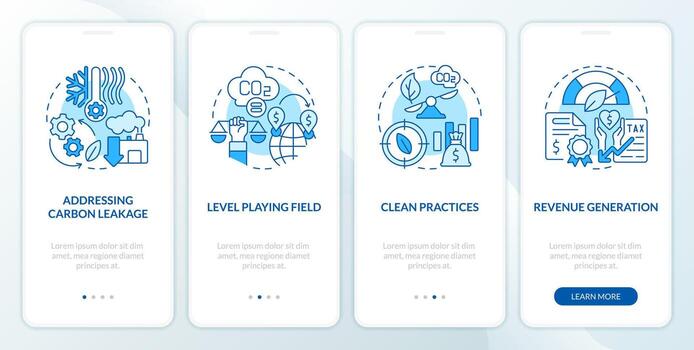 Linear blue icons representing carbon border adjustment mobile app screen set. 4 steps graphic instructions, UI, UX, GUI template. vector