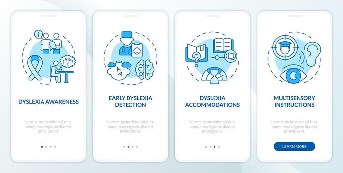 2d azul íconos representando sostenible Moda móvil aplicación pantalla colocar. recorrido 4 4 pasos gráfico instrucciones con línea íconos concepto, ui, ux, gui modelo. vector