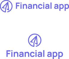 Financial app business logo with brand name. Paper plane icon. Blue creative design element and visual identity. Suitable for finance app, money management, investment app. vector