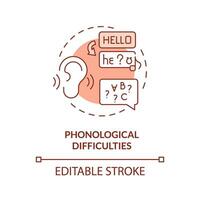 2D editable red icon phonological difficulties concept, simple isolated vector, dyslexia thin line illustration. vector