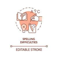 2D editable red icon spelling difficulties concept, simple isolated vector, dyslexia thin line illustration. vector