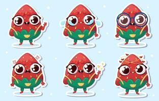 Vector illustration of strawberry character stickers with various cute expression,cool,funny,set of strawberry isolated