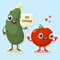 Vamos vegano Pepino y tomate personaje pegatinas vector