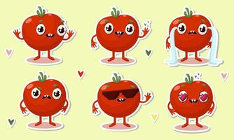 Vector illustration of tomato character stickers with various cute expression, cool, funny, set of tomato isolated