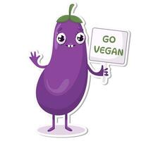 Vamos vegano berenjena linda personaje pegatina vector