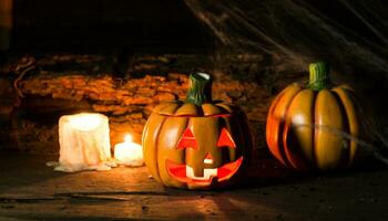 decoration for the celebration of hallowen with pumpkins, spiders, candles photo