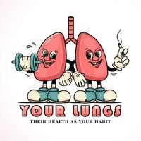 pulmón dibujos animados caracteres de fumar y ejercicio. adecuado para logotipos, mascotas, camisetas, pegatinas y carteles vector