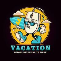 Retro computer mouse cartoon character on vacation with a surfboard. Suitable for logos, mascots, t-shirts, stickers and posters vector