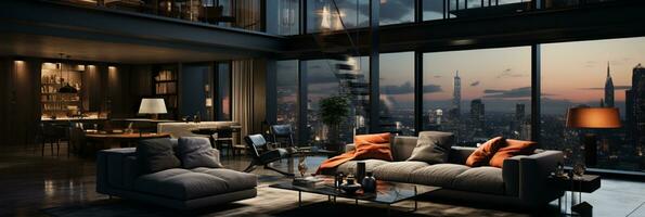 Interior Design modern Living room, windows show stunning view of the city skyline, Empty room apartment, AI Generative photo