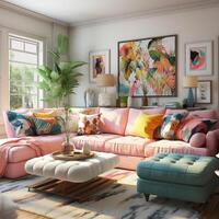 Furnished Modern Living room, bright blue and pink color palette, interior design, AI Generative photo