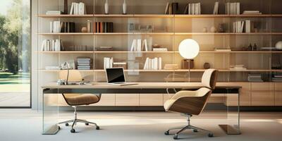 Contemporary furnished home office, comfortable office, workspace with desk and chair, stylish interior design, AI Generative photo