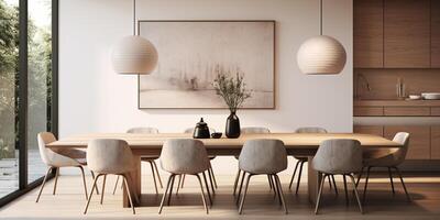 Minimal dining room, bright dining area, interior design, AI Generative photo