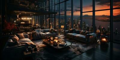 Interior Design modern Living room, windows show stunning view of the city skyline, Empty room apartment, AI Generative photo