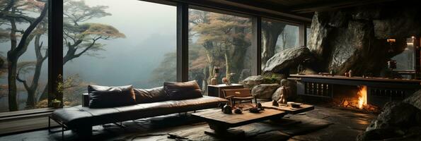 Interior Design, Living room with serene nature view, Beautiful mansion design in the forest, AI Generative photo