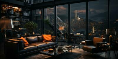 Interior Design modern Living room, windows show stunning view of the city skyline, Empty room apartment, AI Generative photo