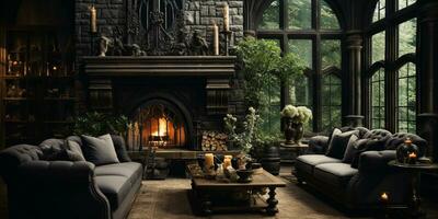 Interior Design, Beautiful Living room Gothic Style, Luxury Mansion, Elegant tall window, AI Generative photo