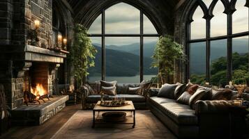 Interior Design, Beautiful Living room Gothic Style, Luxury Mansion, Elegant tall window, AI Generative photo