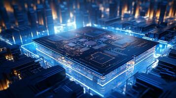 High-tech Computer chip close up shot, production of electronic, circuit board, futuristic design, extreme detail, AI Generative photo