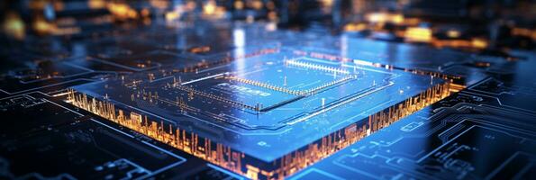 High-tech Computer chip close up shot, production of electronic, circuit board, futuristic design, extreme detail, AI Generative photo
