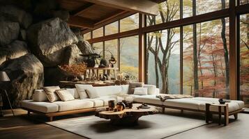 Interior Design, Minimalistic Living room with serene nature view, Beautiful villa design in the forest, AI Generative photo