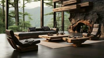 Interior Design, Living room with serene nature view, Beautiful mansion design in the forest, AI Generative photo