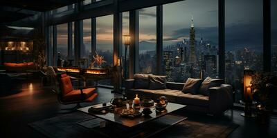 Interior Design modern Living room, windows show stunning view of the city skyline, Empty room apartment, AI Generative photo