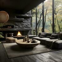 Interior Design, Living room with serene nature view, Beautiful mansion design in the forest, AI Generative photo