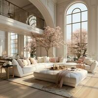 Interior Design Luxurious modern Living room, minimal tall window, Cozy sofa, serene nature scenery, Elegant villa, AI Generative photo