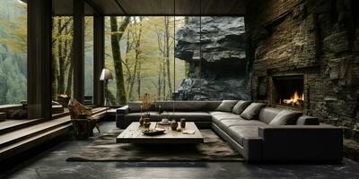Interior Design, Living room with serene nature view, Beautiful mansion design in the forest, AI Generative photo