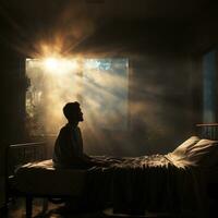 luz de sol brillante mediante en a un cama, religioso escenario, ai generativo foto