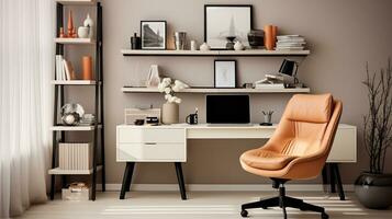 Contemporary furnished home office, comfortable office, workspace with desk and chair, stylish interior design, AI Generative photo