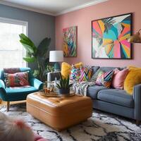 Furnished Modern Living room, bright blue and pink color palette, interior design, AI Generative photo