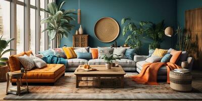 Furnished Modern Living room, bohemian inspired interior design, AI Generative photo