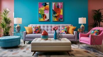 Furnished Modern Living room, bright blue and pink color palette, interior design, AI Generative photo