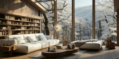 Interior Design, Minimalistic Living room with serene nature view, Beautiful villa design in the forest, AI Generative photo