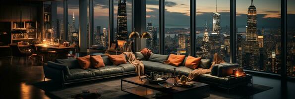 Interior Design modern Living room, windows show stunning view of the city skyline, Empty room apartment, AI Generative photo