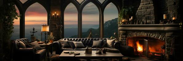 interior diseño, hermosa vivo habitación gótico estilo, lujo mansión, elegante alto ventana, ai generativo foto