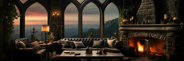 Interior Design, Beautiful Living room Gothic Style, Luxury Mansion, Elegant tall window, AI Generative photo