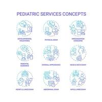 Pediatric services blue gradient concept icons set. Child development. Health care. Childhood illness. Baby doctor. Childcare center idea thin line color illustrations. Isolated symbols vector