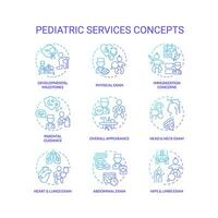 pediátrico servicios azul degradado concepto íconos colocar. niño desarrollo. salud cuidado. infancia enfermedad. bebé doctor. cuidado de niños centrar idea Delgado línea color ilustraciones. aislado símbolos vector