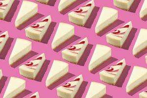 White piece slice cheesecake pattern on pink background isolated photo