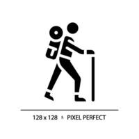 2D pixel perfect silhouette glyph style hiking icon, isolated vector, illustration, solid pictogram. vector