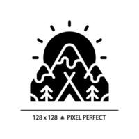 2D pixel perfect silhouette glyph style camping and mountain icon, isolated vector, illustration, solid pictogram. vector