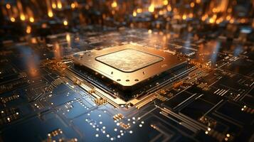 High-tech Computer chip close up shot, production of electronic, circuit board, futuristic design, extreme detail, AI Generative photo
