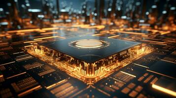 High-tech Computer chip close up shot, production of electronic, circuit board, futuristic design, extreme detail, AI Generative photo