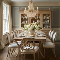 lujoso amueblado comida habitación, glamour comida área, elegante interior diseño, ai generativo foto