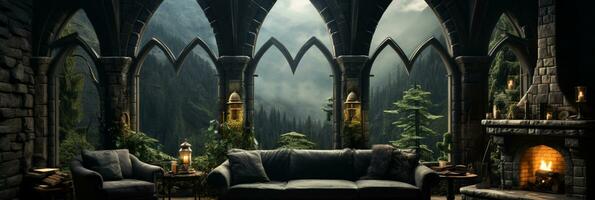 Interior Design, Beautiful Living room Gothic Style, Luxury Mansion, Elegant tall window, AI Generative photo