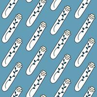 Cute doodle illustration in flat style, seamless pattern of test tube with dried herbs on blue background, fortune telling. Witch items, witchcraft. vector